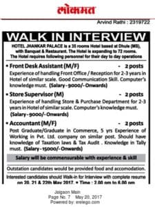 Hotel Jhankar Palace Recruitment 2017
