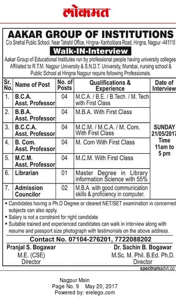 Aakar Group of Institutions Recruitment 2017