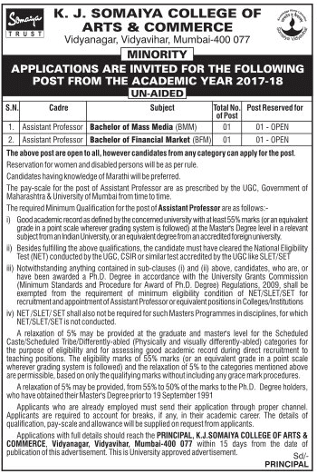K.J Somaiya College of Arts & Commerce Assistant Professor Recruitment 2017