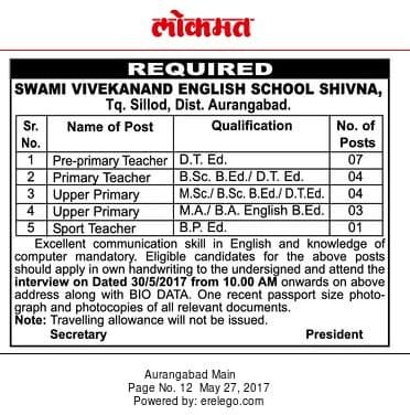 Swami Vivekanand English School Shivna Teacher Recruitment 2017