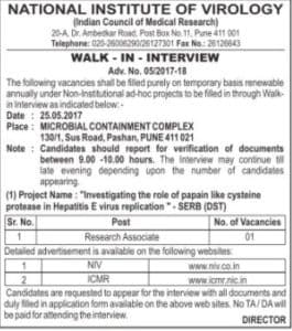 National Institute Of Virology Research Associate Recruitment 2017