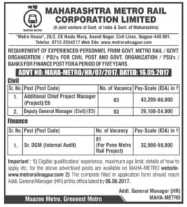 Maharashtra Metro Rail Corporation Limited Deputy General Manager / Additional Chief Project Manager / or More 2017