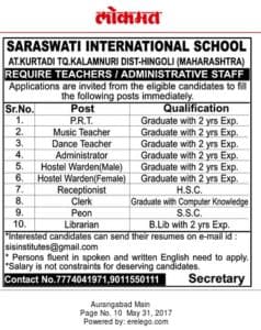 Saraswati International School Recruitment 2017