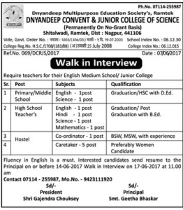 Dnyandeep Convent & Junior College of Science Teachers Recruitment 2017