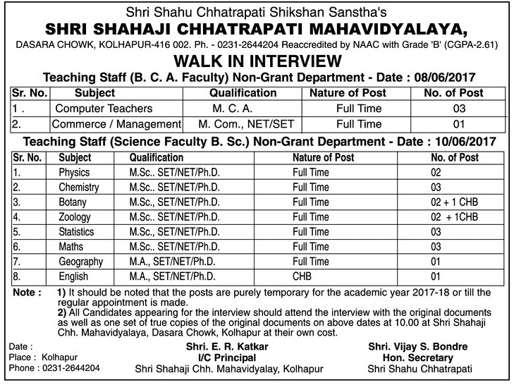 Shri Shahaji Chhatrapati Mahavidyalaya Teacher Recruitment 2017
