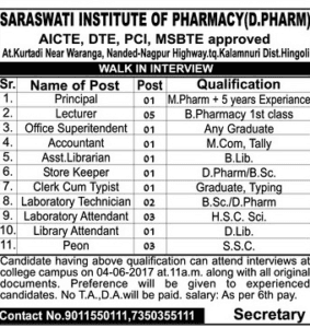Saraswati Institute of Pharmacy (D.Pharm) Recruitment 2017