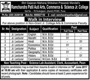 Ramchandra Patil Auti Arts Commerce & Scince Jr College Recruitment 2017