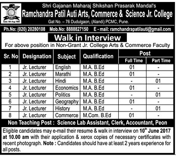 Ramchandra Patil Auti Arts Commerce & Scince Jr College Recruitment 2017