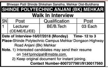 Shinde Polytechnic College Recruitment 2018