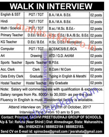 Sadhvi Preetisudhaji International School Faculty Recruitment 2017