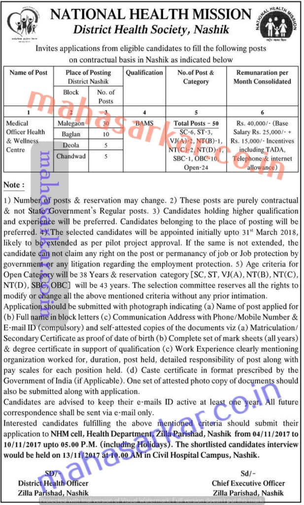 NHM Nashik Medical Officer Recruitment -50 Posts* 2017