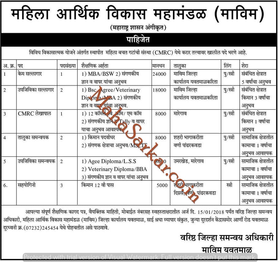 MAVIM Yavatmal Recruitment 2018