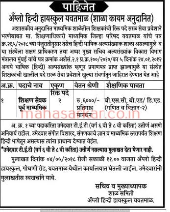 Anglo Hindi High School Yavatmal Recruitment 2018
