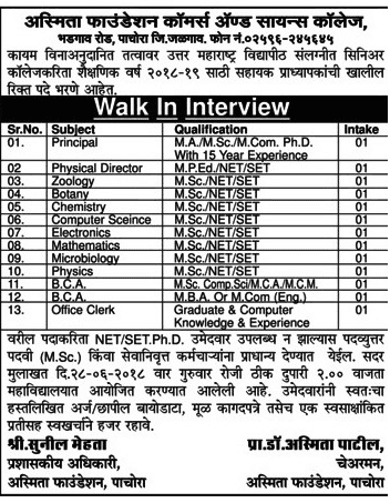 Asmita Foundation Commerce & Science College Recruitment 2018