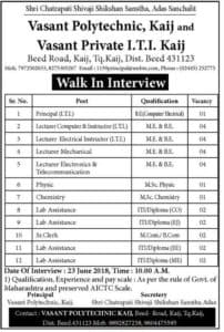 Vasant Polytechnic Beed Recruitment 2018