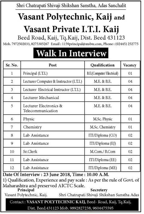 Vasant Polytechnic Beed Recruitment 2018