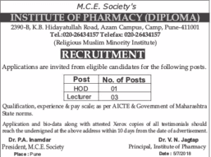 Institute Of Pharmacy Pune Recruitment 2018