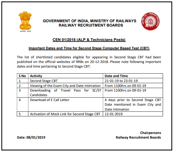 RRB ALP and Technician Second Stage Exam Admit Card & Exam Schedule