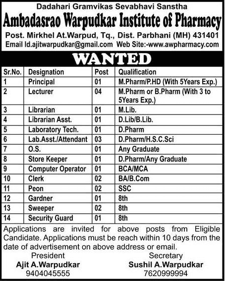 AW Institute of Pharmacy Parbhani Recruitment 2019