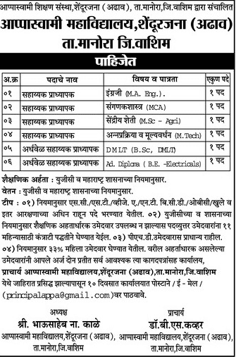 आप्पास्वामी महाविद्यालय वाशीम भरती २०२०.