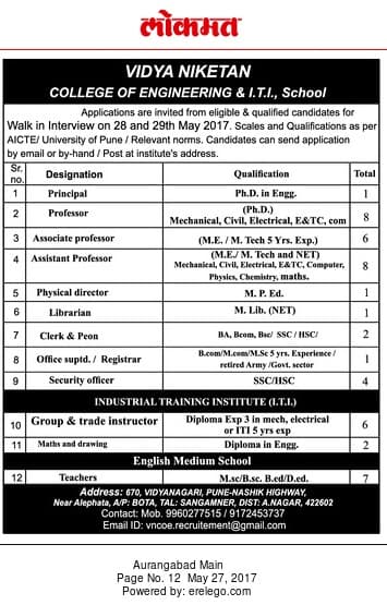 Vidya Niketan College of Engineering & I T I School Recruitment 2017