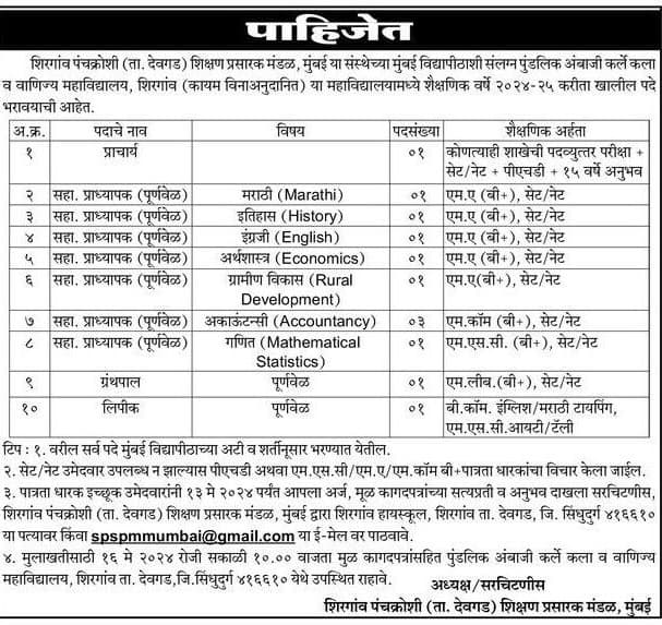 पुंडलिक अंबाजी कार्ले कॉलेज शिरगाव मध्ये विविध रिक्त पदांची भरती २०२४ – नवीन जाहिरात प्रकाशित